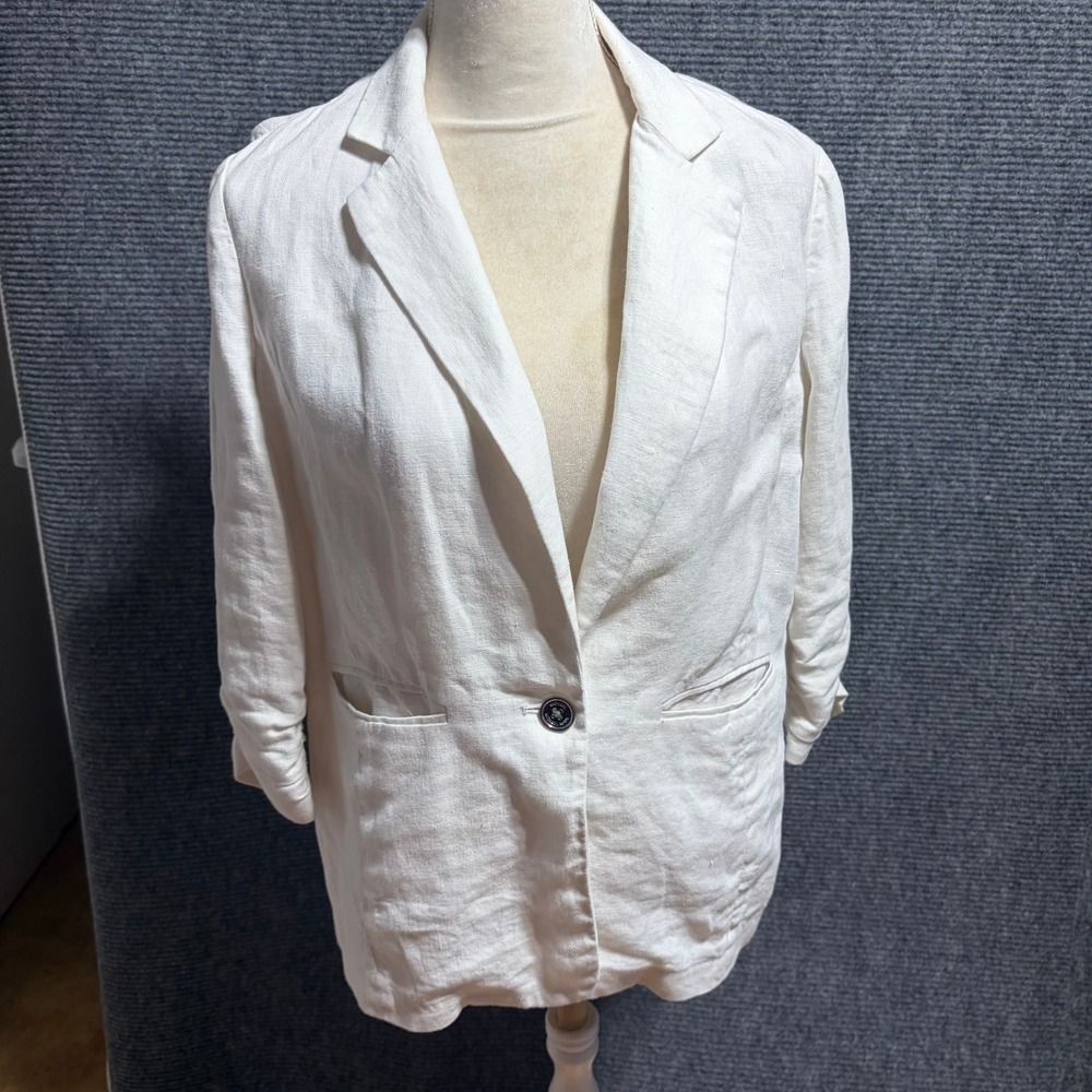 Michael‎ Kors White Linen Ruched 3/4 Sleeve Button Blazer Jacket Business